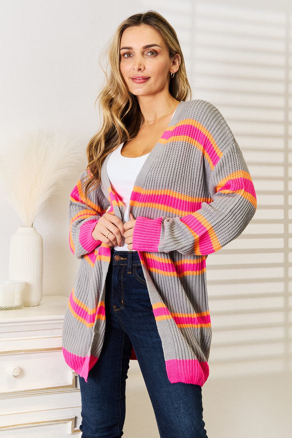 Woven Right Ribbed Long Sleeve Cardigan.