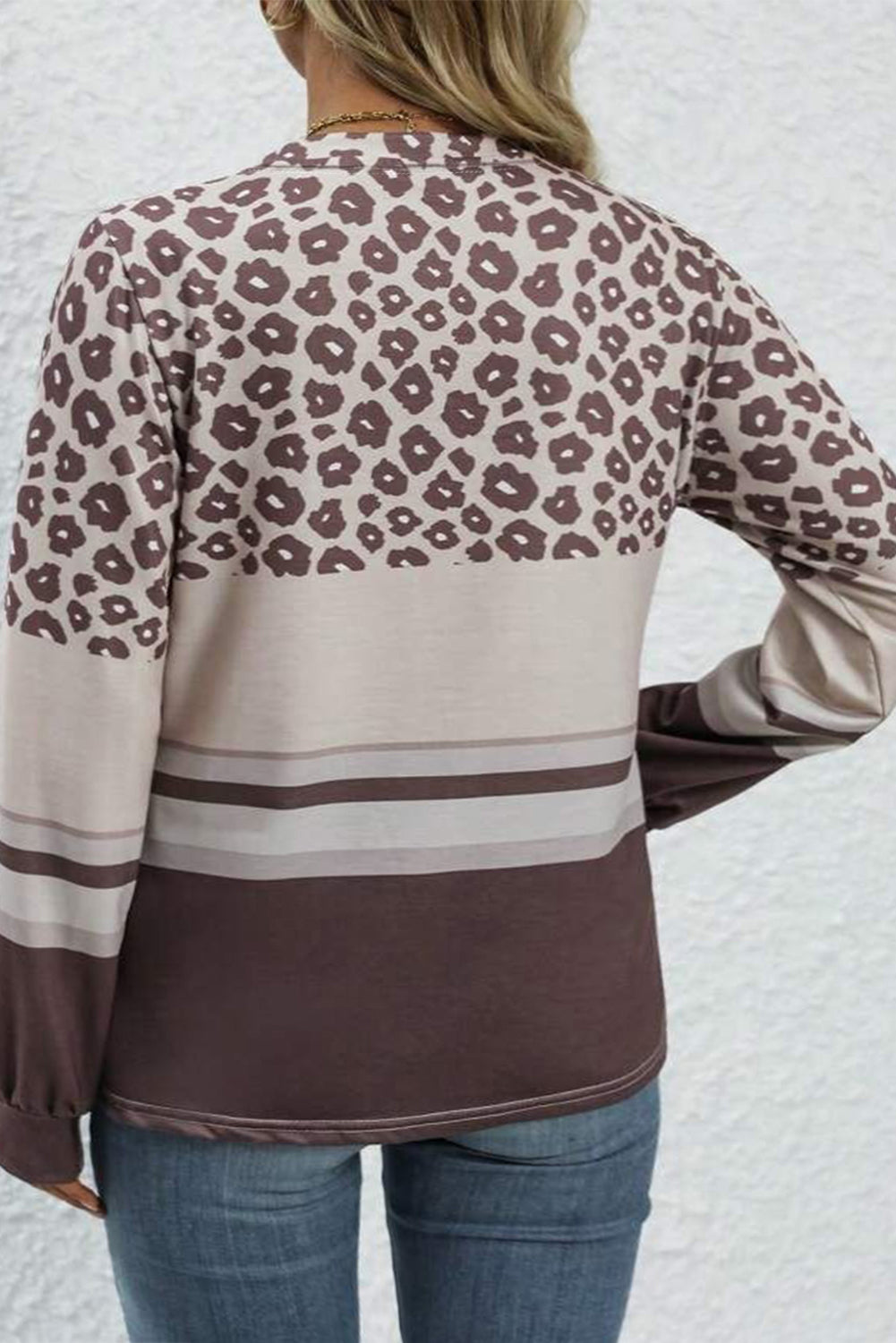 Chic coffee leopard and striped long sleeve top for plus sizes