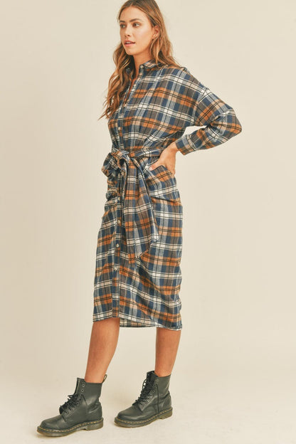 Chic plaid flannel tie-front shirt dress