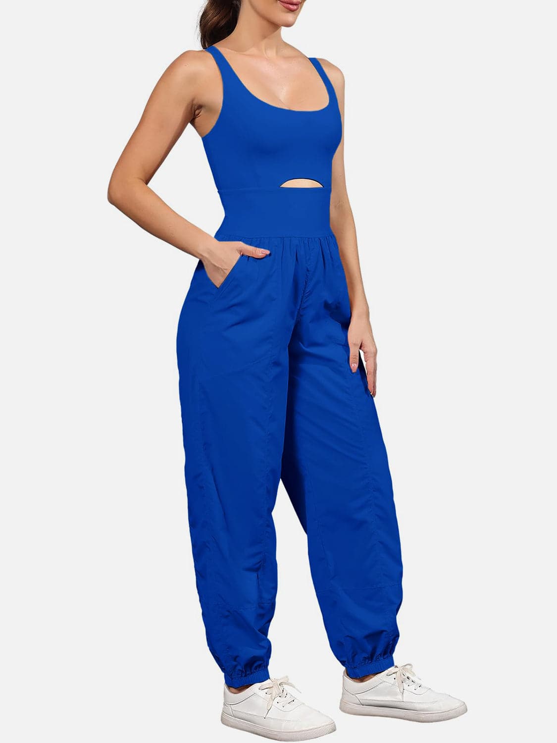 Chic cutout scoop neck jumpsuit with wide straps and pockets