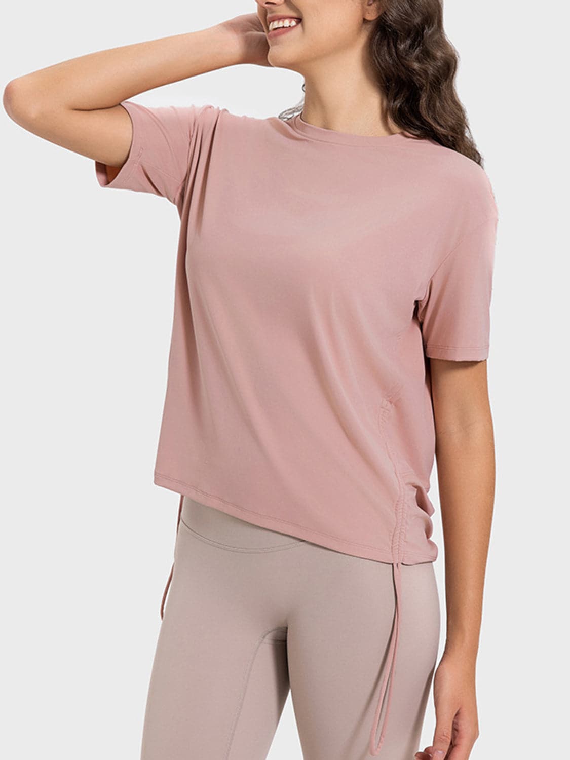 Drawstring Round Neck Short Sleeve Active T-Shirt.