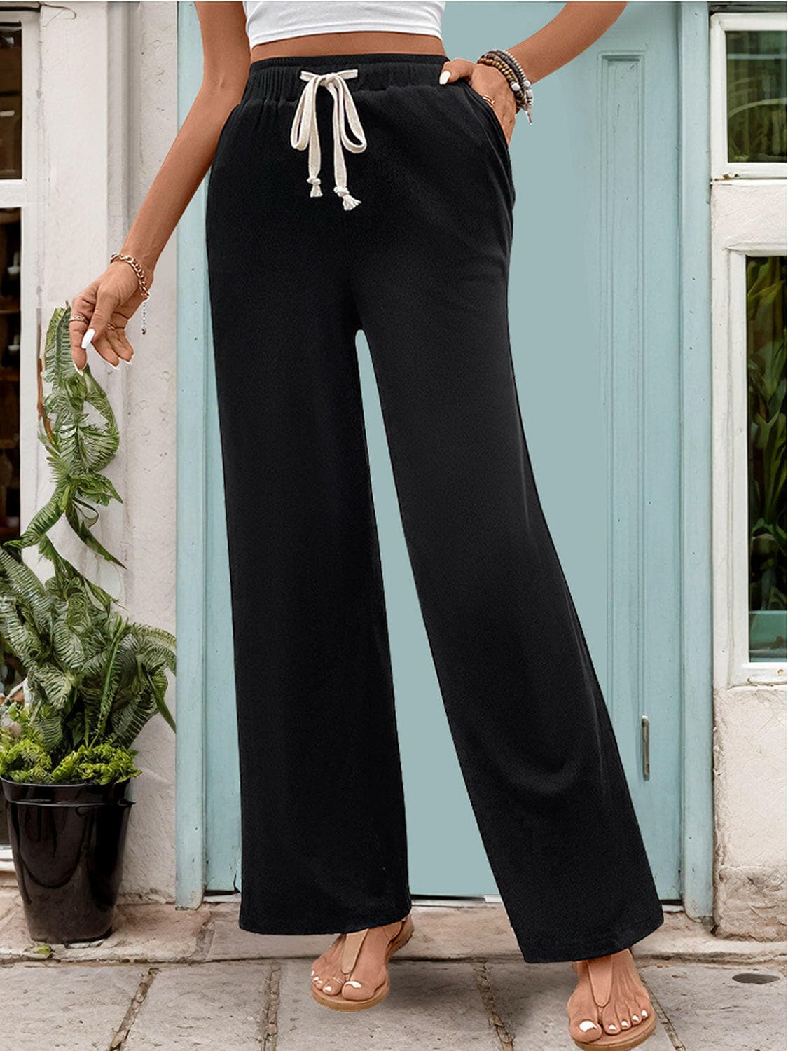 Drawstring High Waist Straight Pants.