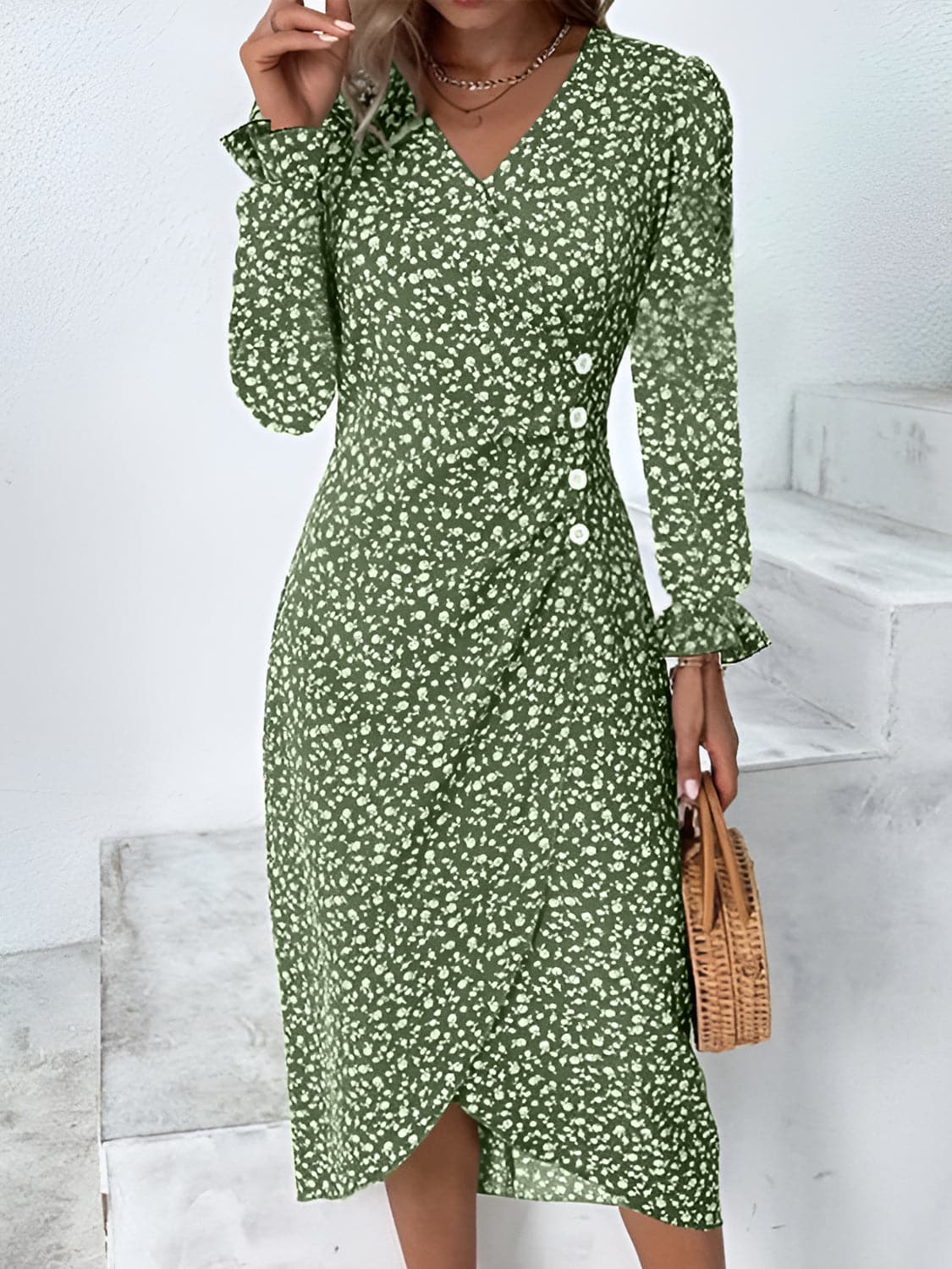 Full Size Printed Surplice Long Sleeve Midi Dress.