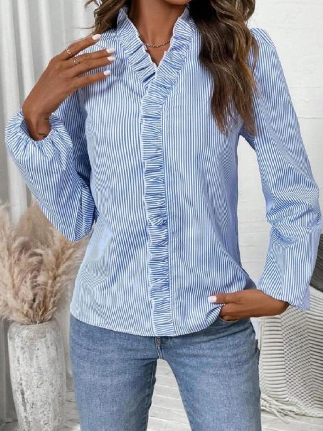 Frill Striped V-Neck Long Sleeve Blouse.