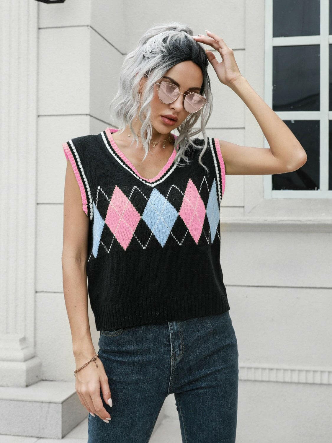 Geometric V-Neck Sweater Vest.