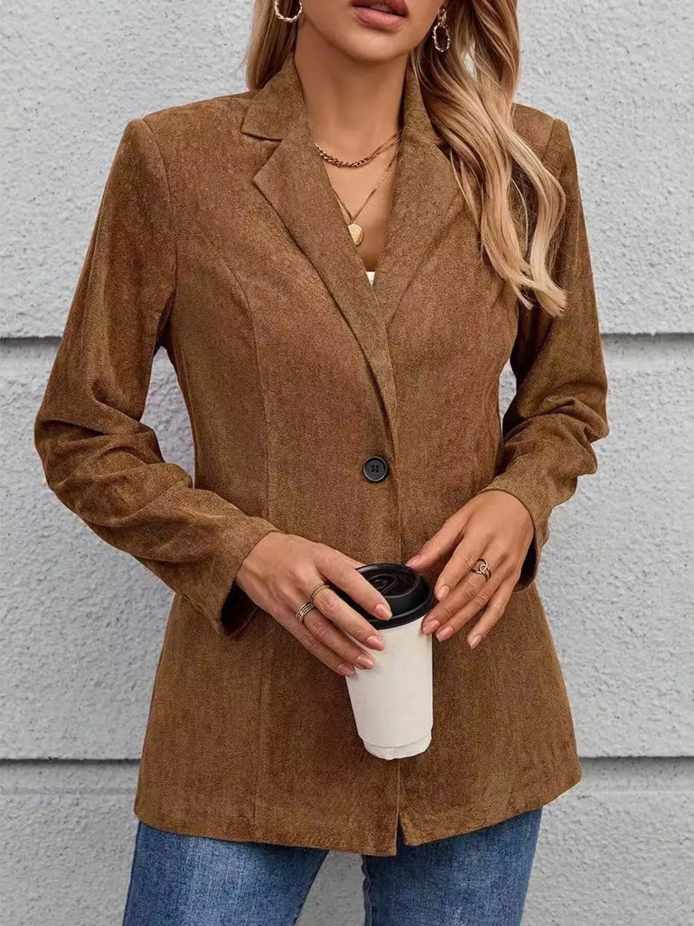 Lapel Collar Single-Button Blazer Simply Love