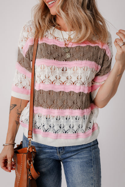 Elegant brown striped crochet sweater