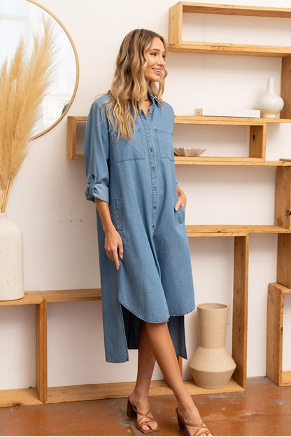 Sew In Love High-Low Button Up Roll-Tab Sleeve Denim Dress.