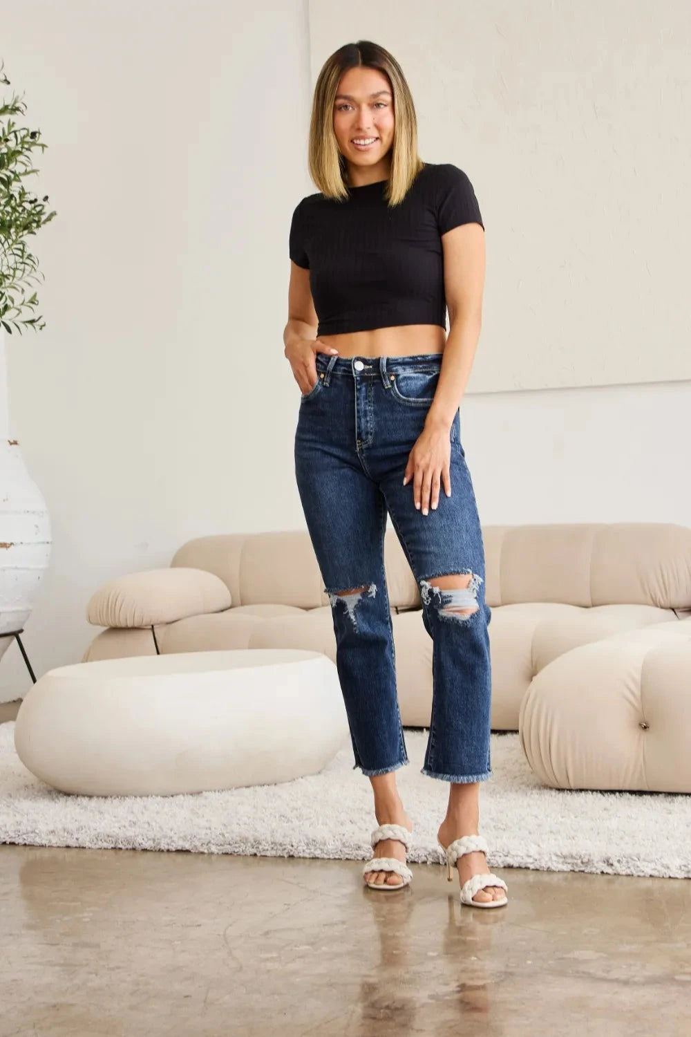 RFM Crop Dylan Full Size Tummy Control Distressed High Waist Raw Hem Jeans Coco’s Tee Boutique