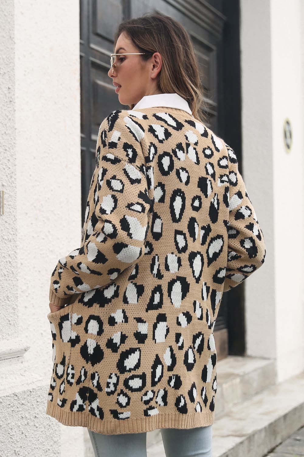 Leopard Open Front Cardigan with Pockets.