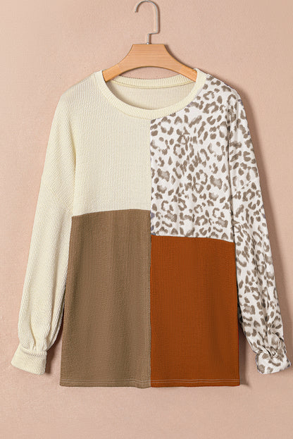 Chic khaki plus size top with leopard color block design