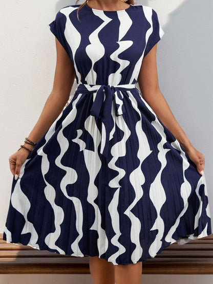 Tied Pleated Printed Cap Sleeve Dress.