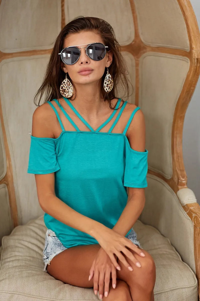 BiBi Rayon Span Jersey Lace Up Shoulder Detailed Top - Love Salve 