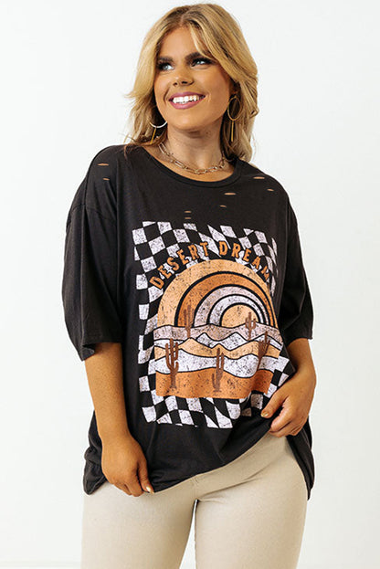 Black Checkered DESERT DREAMS Plus Size Ripped Tee