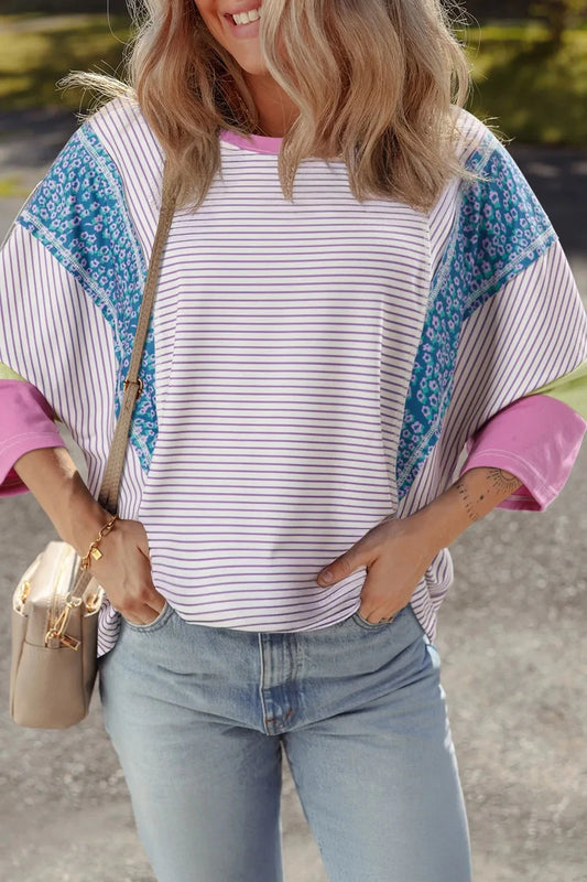 Stripe Floral Color Block Raw Edge Patchwork Top Simply Love