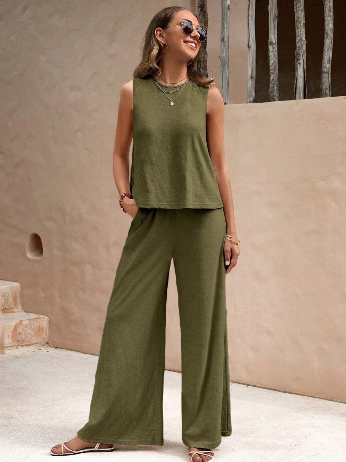 Round Neck Sleeveless Top and Wide Leg Pants Set.