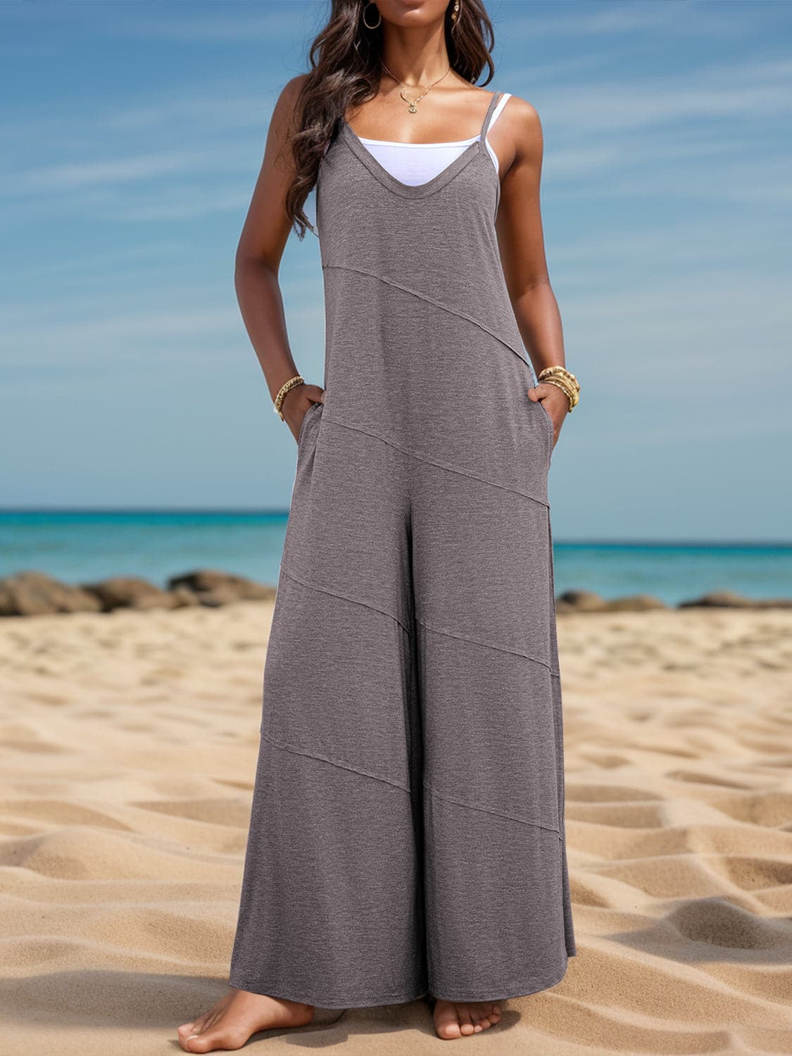 V-Neck Spaghetti Strap Wide Leg Jumpsuit.