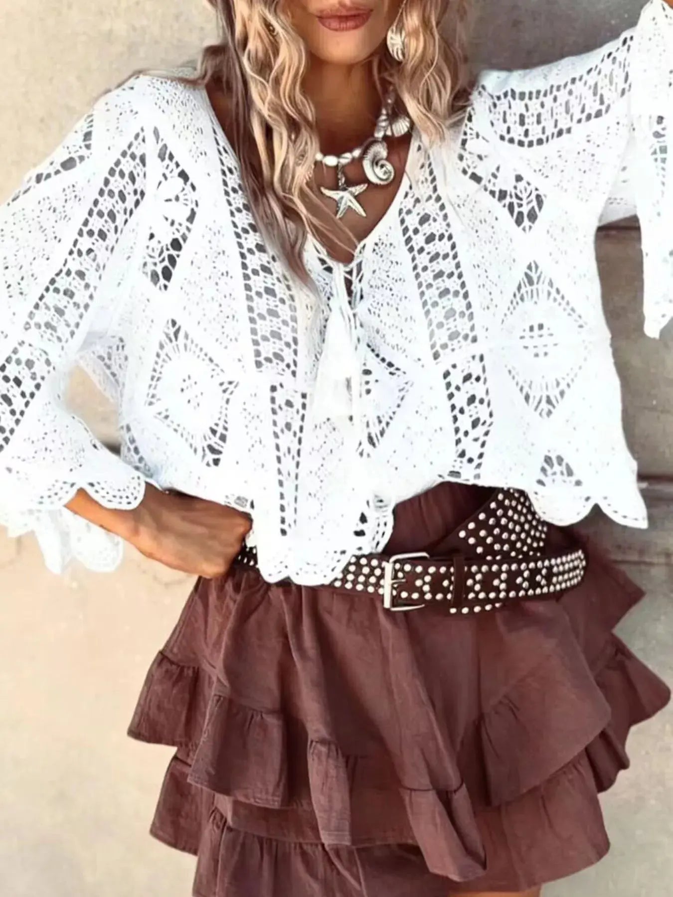 Tassel V-Neck Crochet Knit Top Simply Love