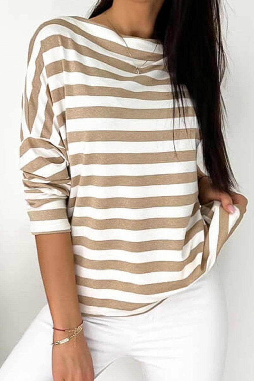 Striped Round Neck Long Sleeve Blouse.