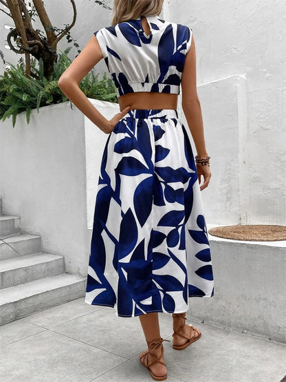 Tropical Cutout Cap Sleeve Midi Dress