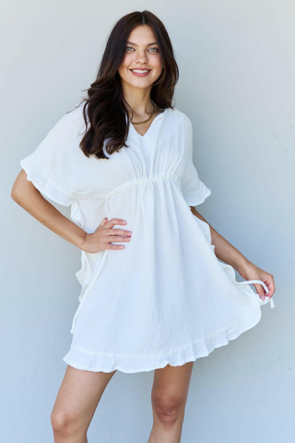 Ninexis Out Of Time Full Size Ruffle Hem Dress with Drawstring WaistbaNinexis Out Of Time Full Size Ruffle Hem Dress with Drawstring Waistband in White
 Step into timeless elegance with the Ninexis Out Of Time Full Size Ruffle Hem DresLove Salve Time Full Size Ruffle Hem DressTIKTOK