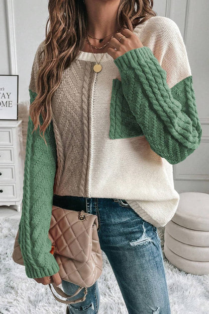 Color Block Round Neck Long Sleeve Sweater.