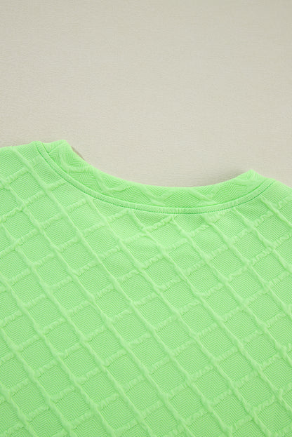 Light green checkered textured tee paired with comfy drawstring shorts