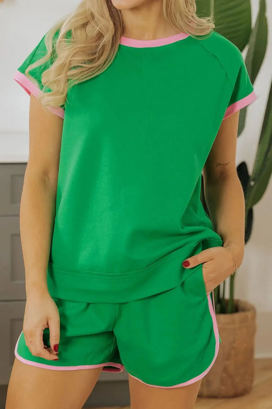 Two Tone Contrast Textured Crewneck Tee and Shorts Set Simply Love