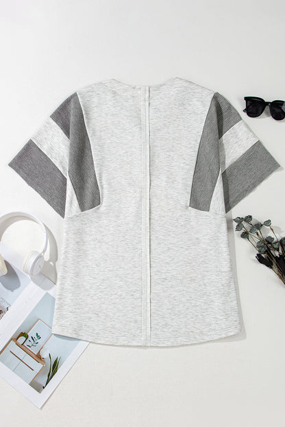 Light Grey Two Tone Contrast Waffle Knit Patched Top