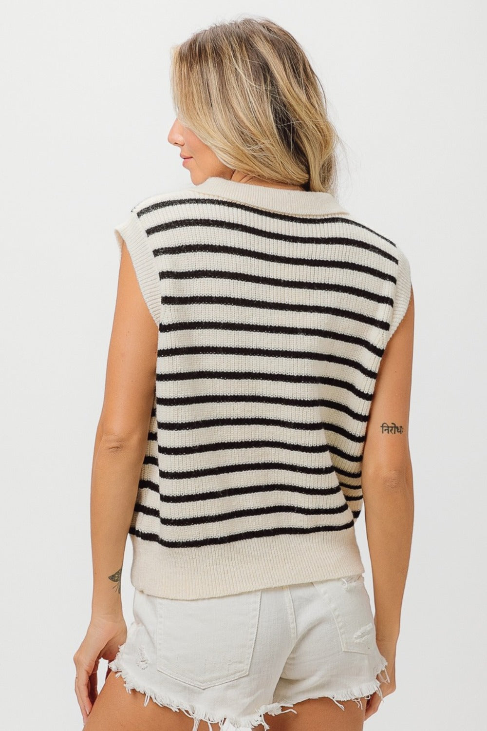 BiBi Flower Patch Striped Half Button Sweater Vest.