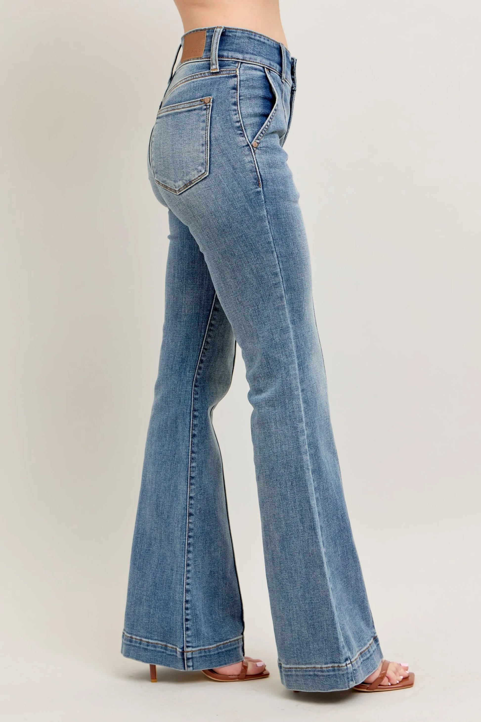 Judy Blue Plus Size High Waist Flare Denim Jeans with Front Seam Detail - Love Salve 