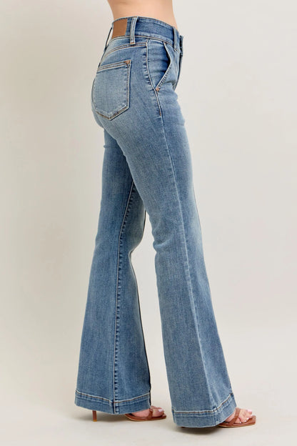 Judy Blue Plus Size High Waist Flare Denim Jeans with Front Seam Detail - Love Salve 