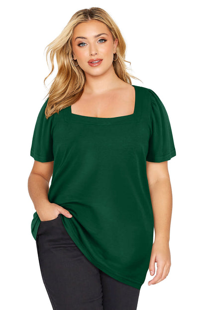 Chic green plus size square neck top with ruched shoulders