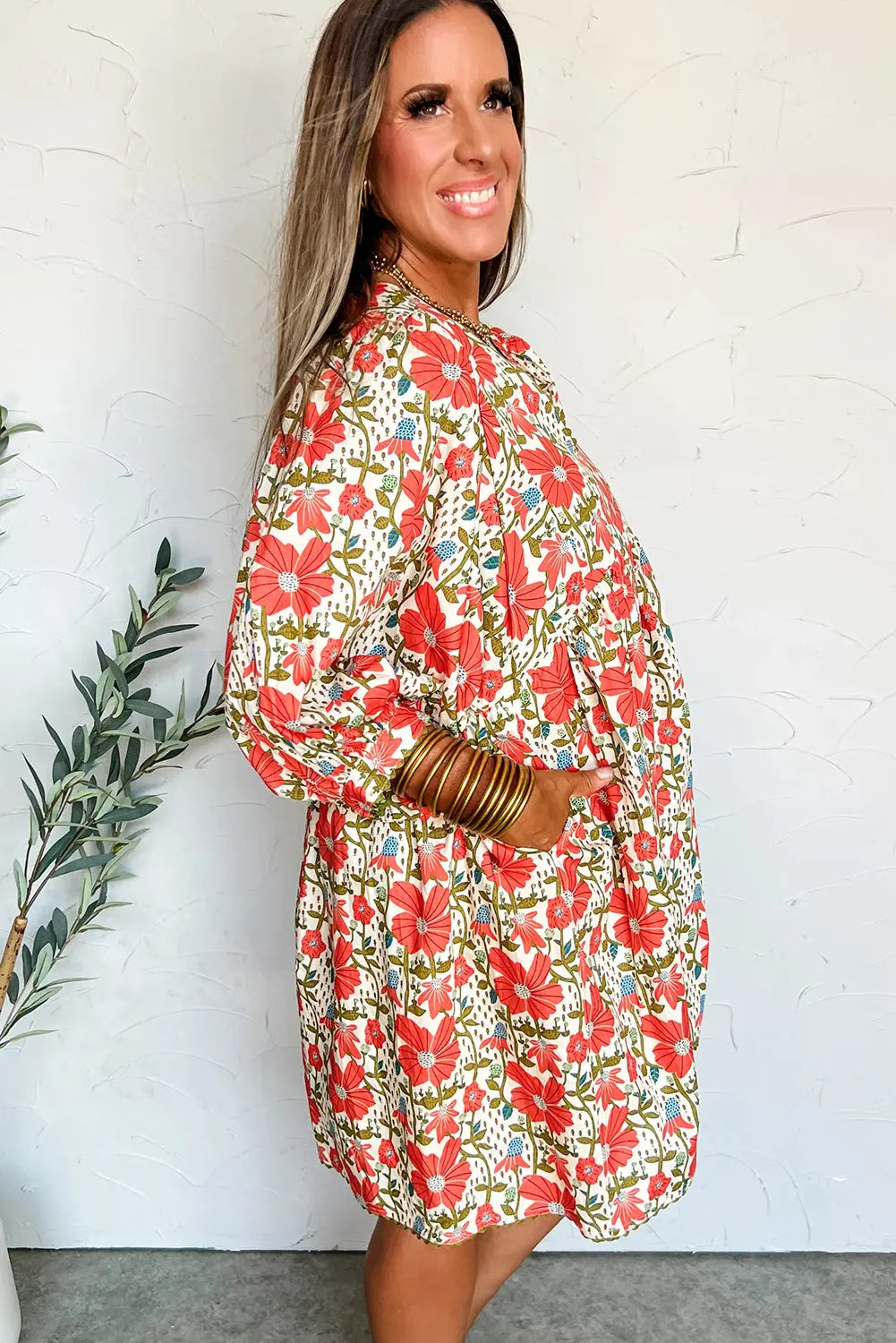 Red Floral Print Ric Rac Trim V Neck Three Quarter Sleeve Loose Mini Dress Dear-Lover Dropshipping