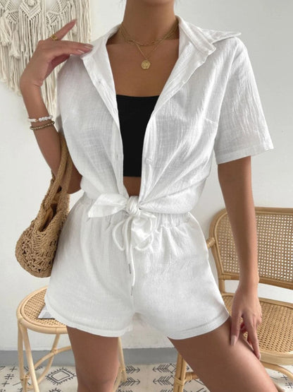 Button Up Short Sleeve Shirt and Drawstring Shorts Set.