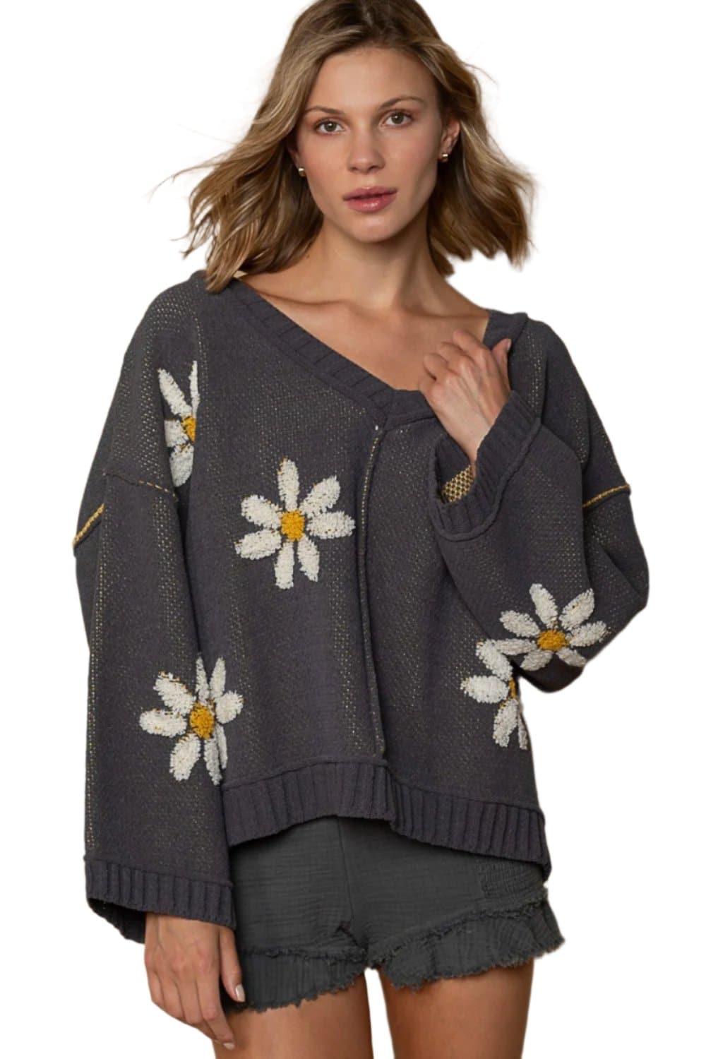 POL V-Neck Floral Pattern Chenille Sweater