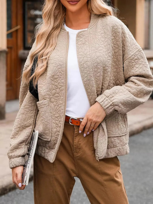Full Size Floral Quilted Zip Up Jacket Plus Size Simply Love