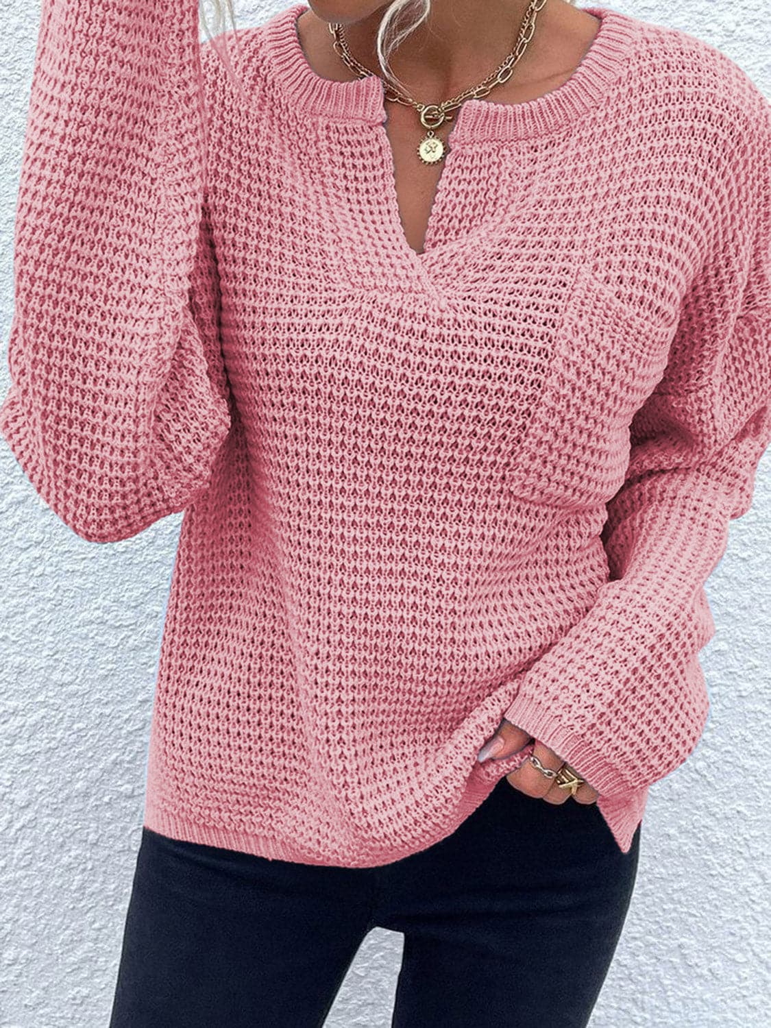 Notched Long Sleeve Sweater.