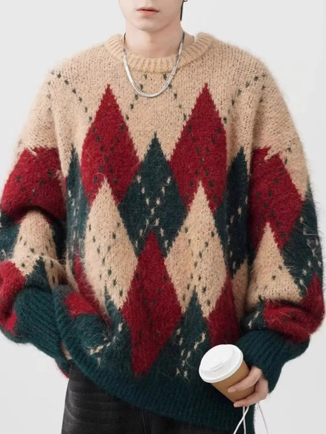 Men's Plus Size Argyle Knit Round Neck Sweater Simply Love