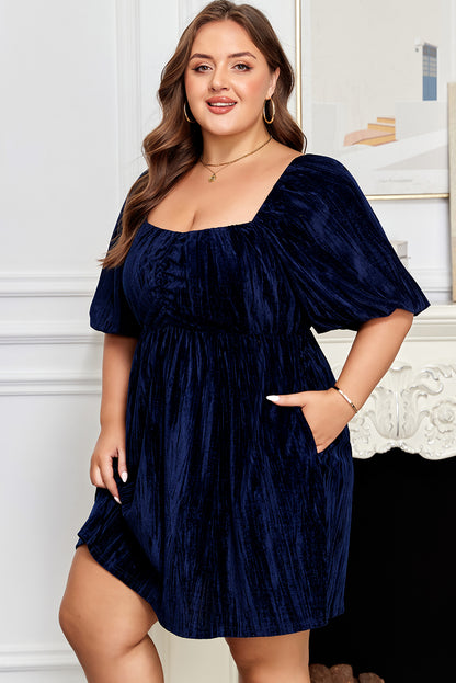 Navy Velvet Ruched Bust Square Neck Short Puff Sleeve Dress