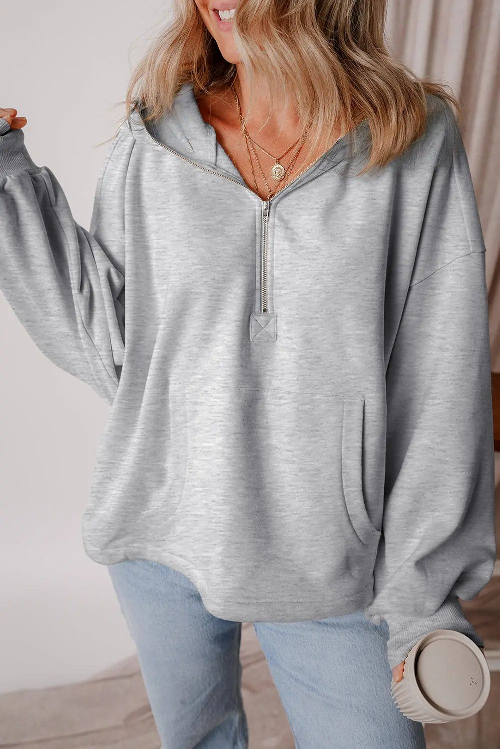 Kate Fleece Lined Half Zipper Hoodie with Kangaroo Pockets - Love Salve 