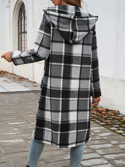 Chic plaid hooded coat with pockets