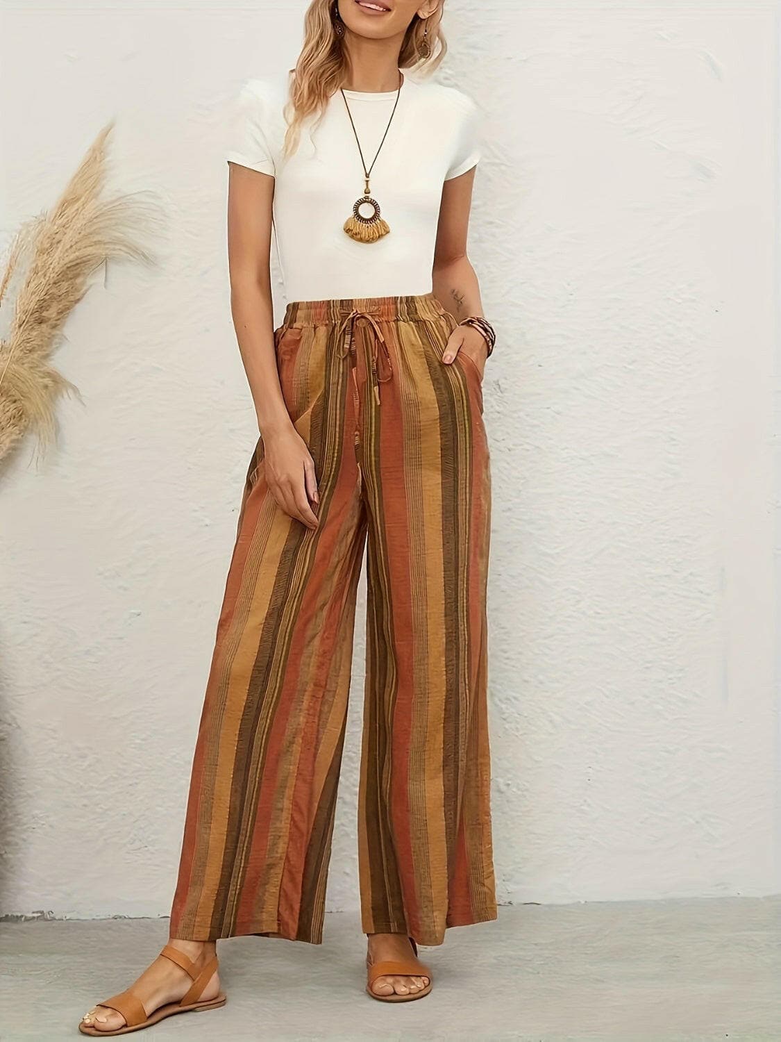 Full Size Drawstring Striped Wide Leg Pants.