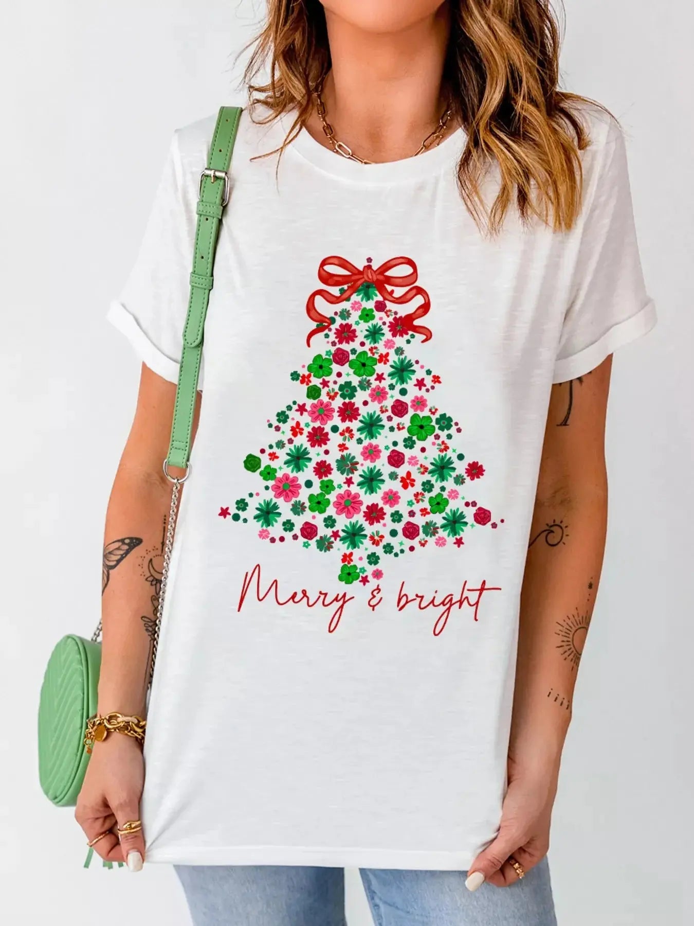 Merry And Bright Floral Christmas Tree Graphic Tee Simply Love