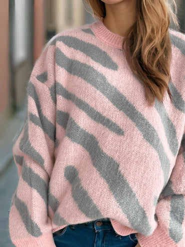 Contrast Round Neck Long Sleeve Sweater