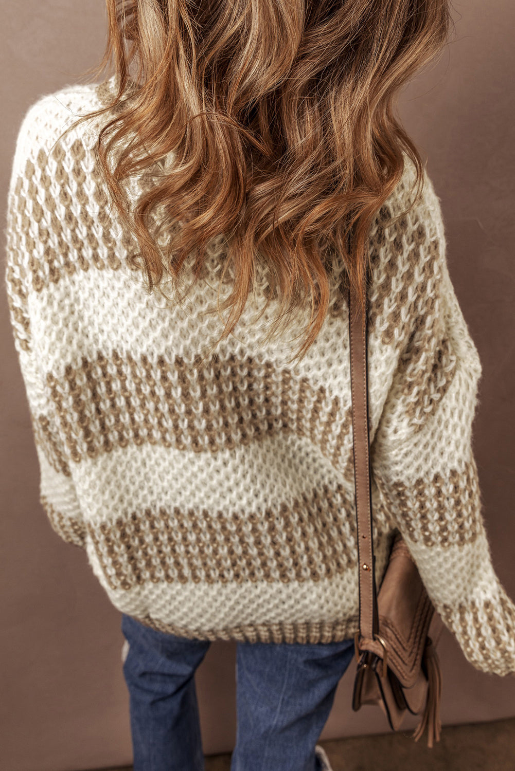 Chic brown striped oversized sweater with drop shoulders