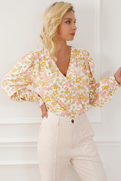 Floral Surplice Lantern Sleeve Bodysuit.