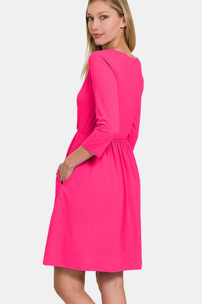 Zenana Three-Quarter Sleeve Surplice Dress with Pockets.