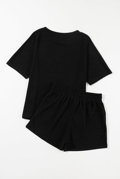 Round Neck Short Sleeve Top and Drawstring Shorts Set.