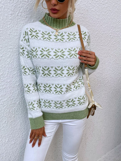 Snowflake Pattern Mock Neck Sweater.